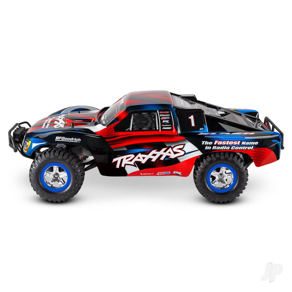 TRAXXAS Red/Blue Slash 1:10 2WD RTR Electric Short Course Truck (+ TQ 2-ch, XL-5, Titan 550, 7-Cell NiMH, DC charger, LED lights)