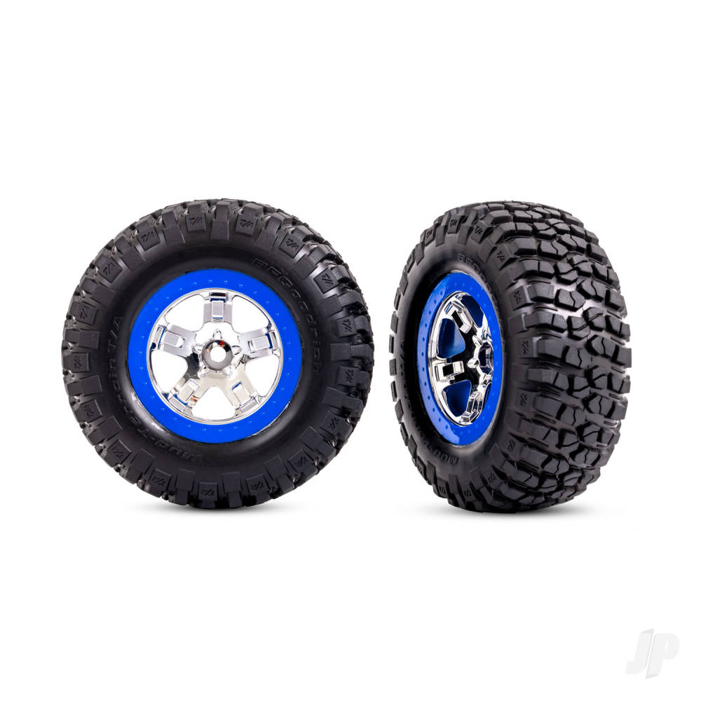 Tyres &amp; wheels, assembled, glued (SCT chrome, blue beadlock style wheels, BFGoodrich Mud-Terrain T/A KM2 Tyres, foam inserts) (2) (2WD front)