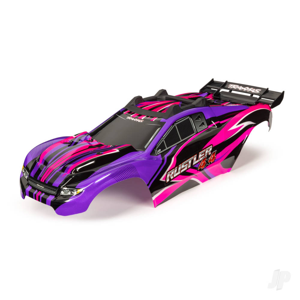 Body, Rustler 4X4, pink &amp; purple/ window, grille, lights decal sheet (assembled with front &amp; rear body mounts and rear body support for clipless mounting)