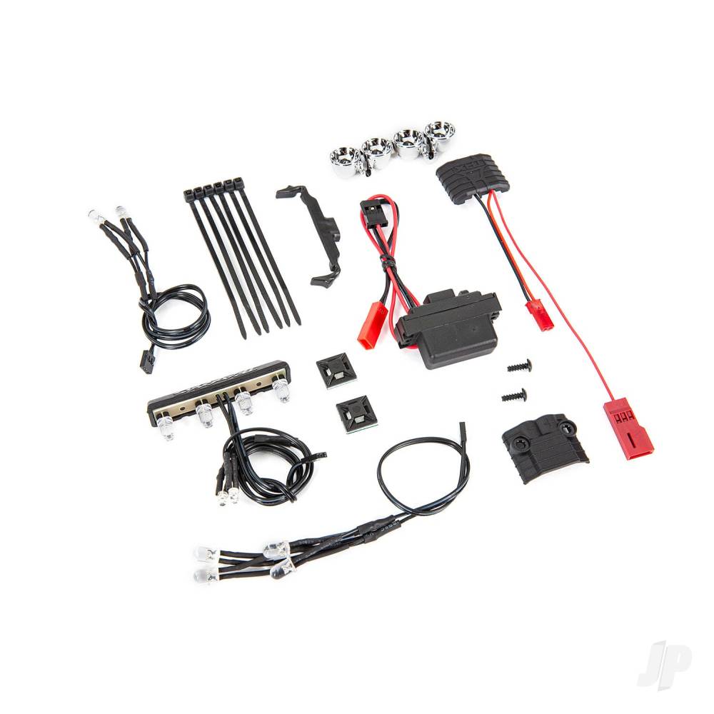 LED light kit, 1/16th Summit (power supply, chrome lightbar, roof light harness (4 clear, 2 red), chassis harness (4 clear, 2 red), wire ties, mounts)