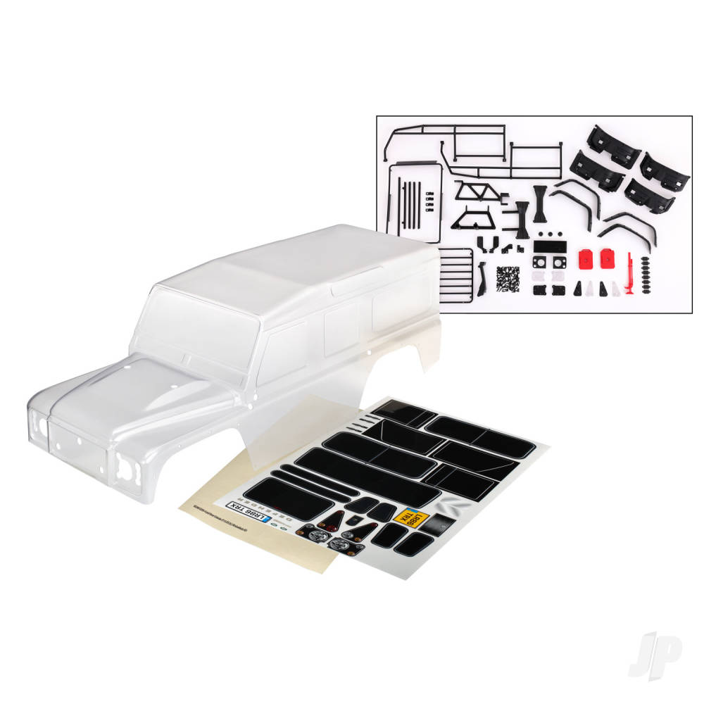 Body, Land Rover Defender, complete (clear, trimmed, requires painting) (includes grille, side mirrors, door handles, windshield wipers, ExoCage, spare Tyre mount, decals, window masks)