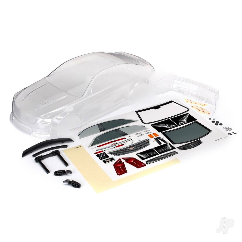 Body, Cadillac CTS-V (clear, requires painting) / decal sheet (includes side mirrors, spoiler, &amp; mounting hardware)