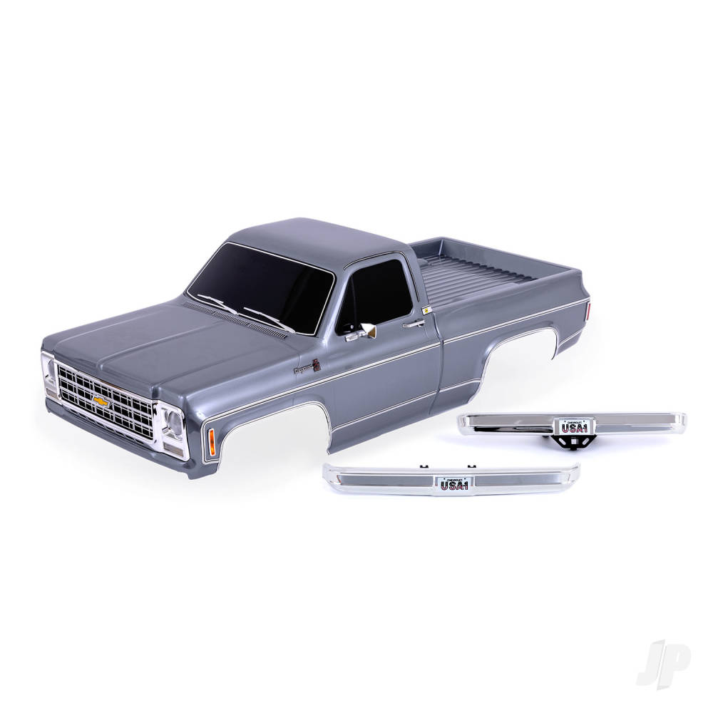 Body, Chevrolet K10 Truck (1979), complete, silver (painted, decals applied) (includes grille, side mirrors, door handles, windshield wipers, front &amp; rear bumpers, clipless mounting) (requires #9288 inner fenders)