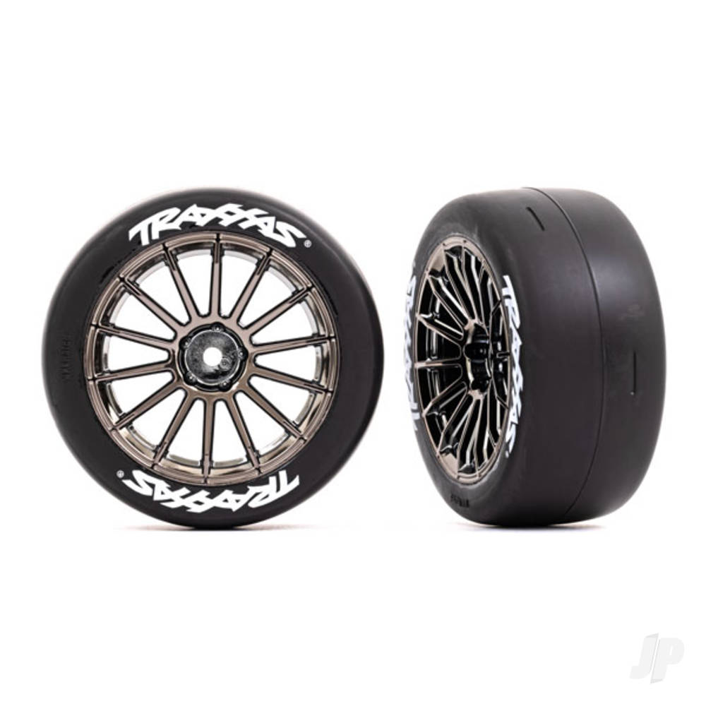 Tyres and wheels, assembled, glued (multi-spoke black chrome wheels, 2.0" slick Tyres with Traxxas logo, foam inserts) (front) (2) (VXL rated)