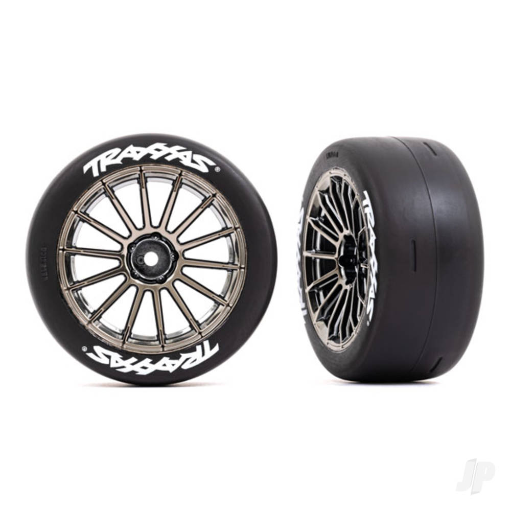 Tyres and wheels, assembled, glued (multi-spoke black chrome wheels, 2.0" slick Tyres with Traxxas logo, foam inserts) (rear) (2) (VXL rated)