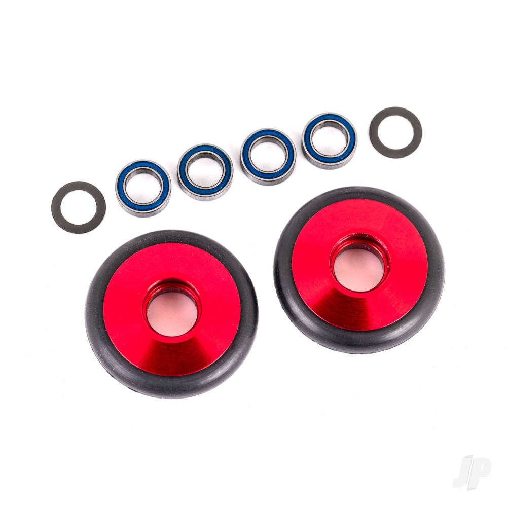 Wheels, wheelie bar, 6061-T6 aluminium (red-anodised) (2)/ 5x8x2.5mm ball bearings (4)/ o-rings (2)/ 5x8x0.3mm TW (2)