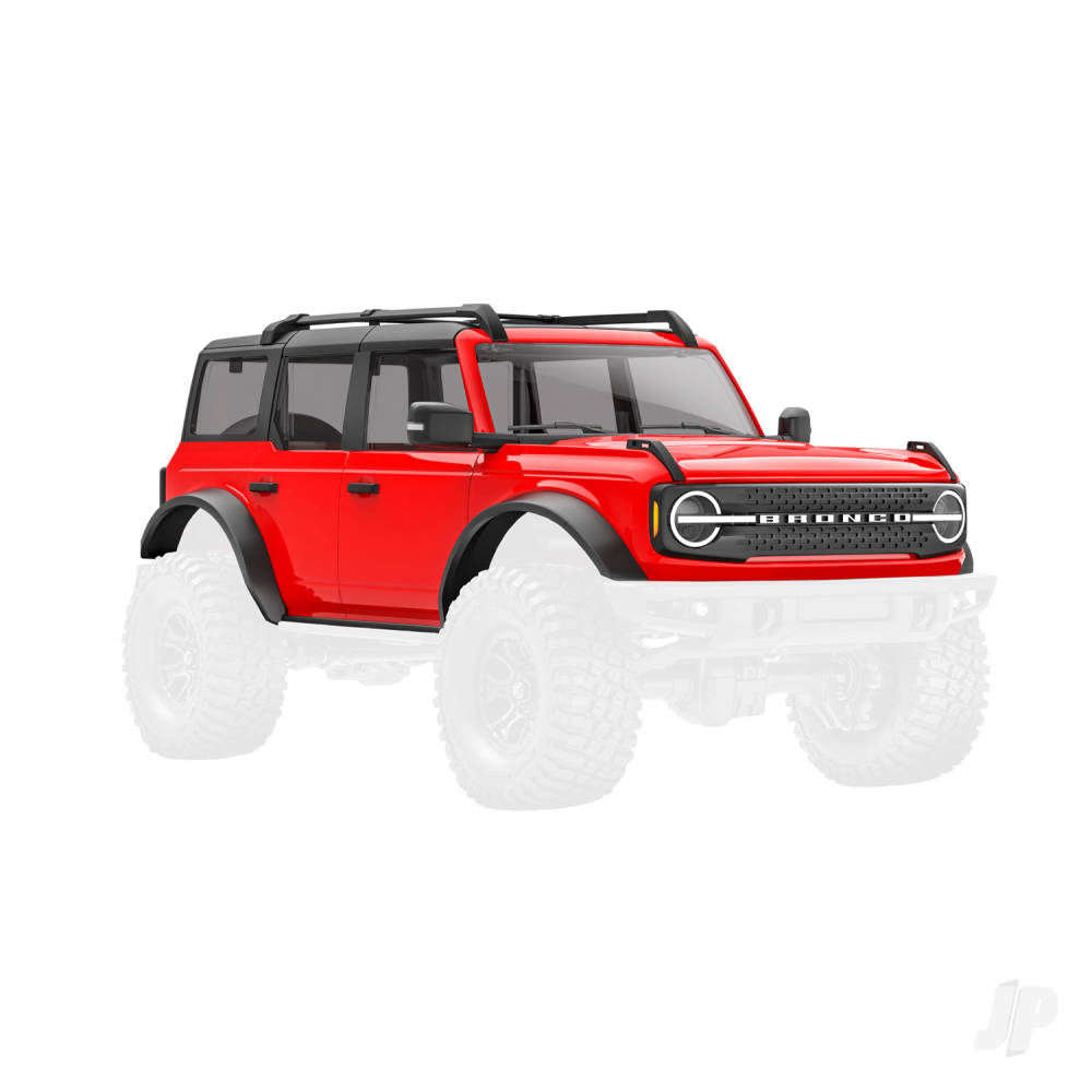 Body, Ford Bronco (2021), complete, red (includes grille, side mirrors, door handles, fender flares, windshield wipers, spare Tyre mount, &amp; clipless mounting)