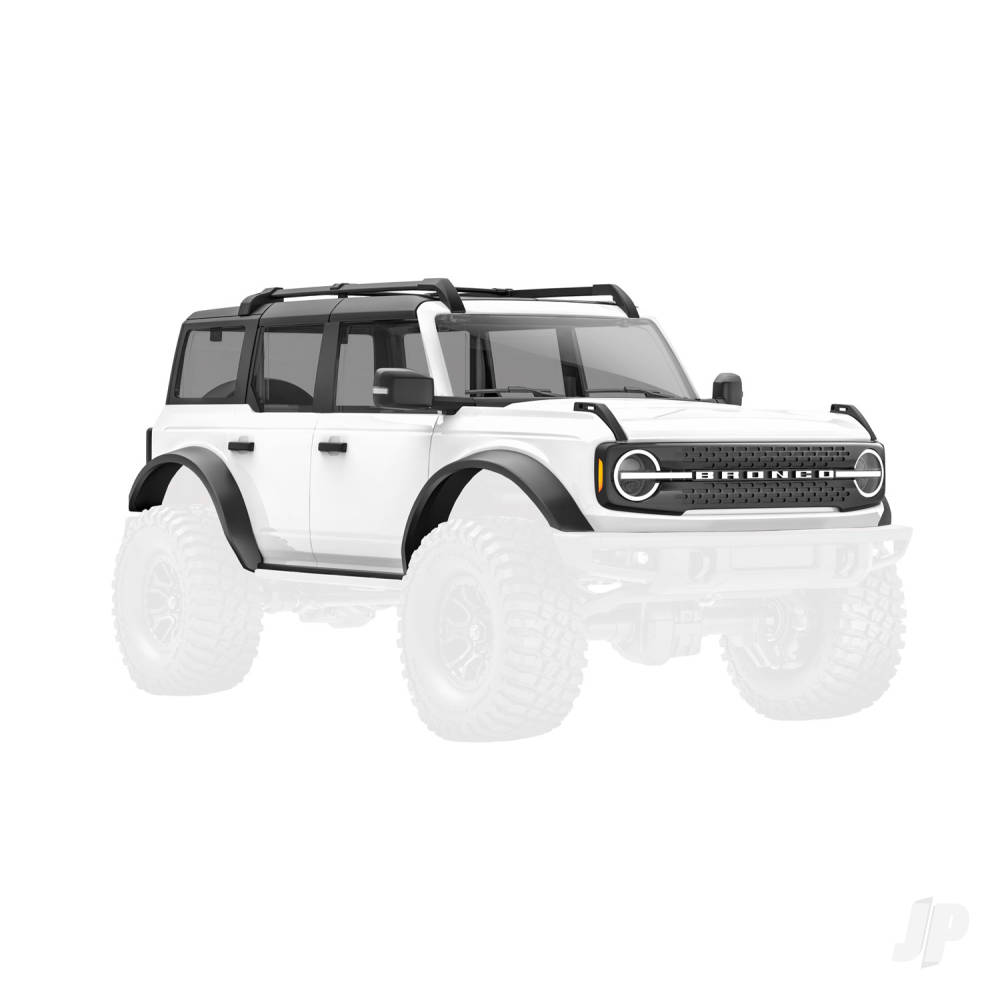 Body, Ford Bronco (2021), complete, white (includes grille, side mirrors, door handles, fender flares, windshield wipers, spare Tyre mount, &amp; clipless mounting)