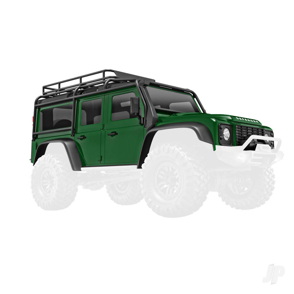 Body, Land Rover Defender, complete, green (includes grille, side mirrors, door handles, fender flares, windshield wipers, spare Tyre mount, &amp; clipless mounting)