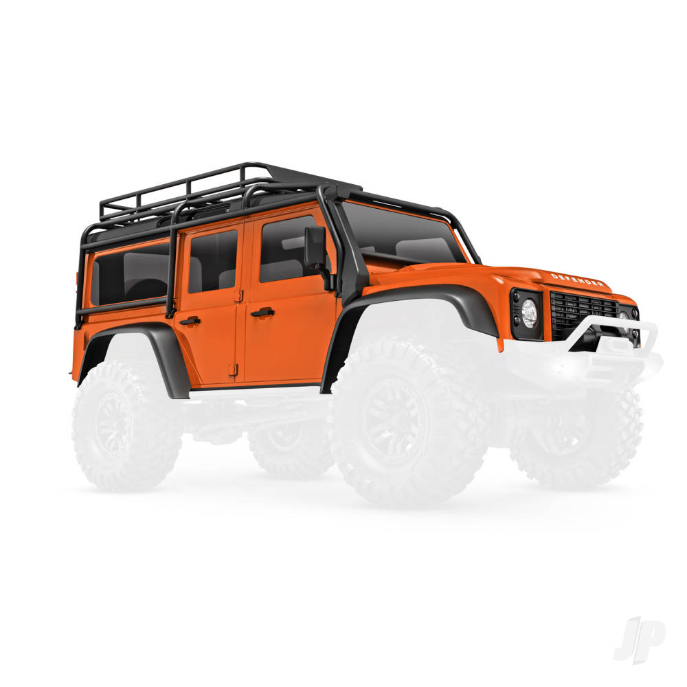 Body, Land Rover Defender, complete, orange (includes grille, side mirrors, door handles, fender flares, fuel canisters, jack, spare Tyre mount, &amp; clipless mounting) (requires #9734 front &amp; rear bumpers)