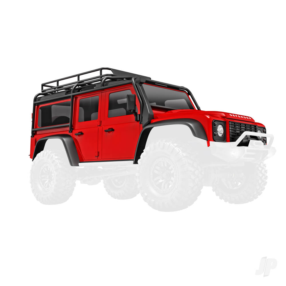 Body, Land Rover Defender, complete, red (includes grille, side mirrors, door handles, fender flares, windshield wipers, spare Tyre mount, &amp; clipless mounting)