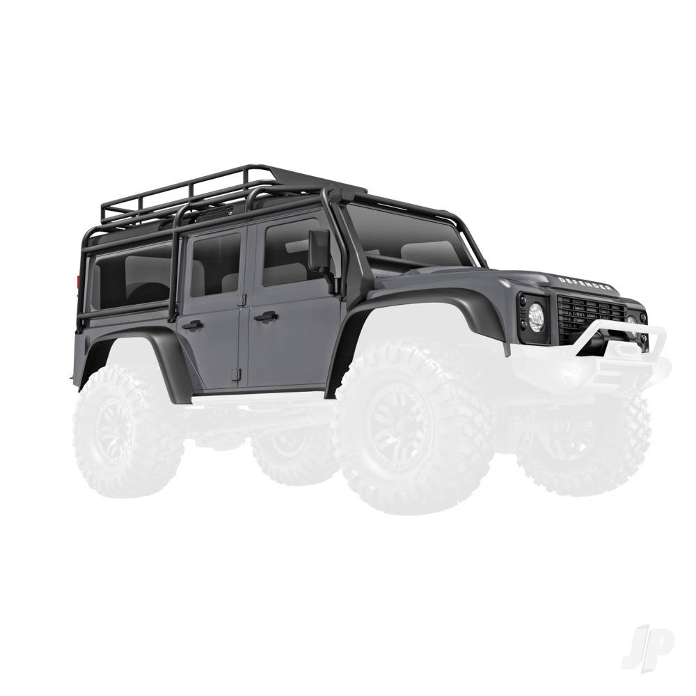 Body, Land Rover Defender, complete, silver (includes grille, side mirrors, door handles, fender flares, windshield wipers, spare Tyre mount, &amp; clipless mounting)