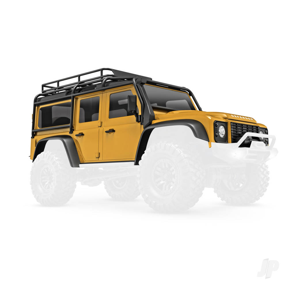 Body, Land Rover Defender, complete, tan (includes grille, side mirrors, door handles, fender flares, fuel canisters, jack, spare Tyre mount, &amp; clipless mounting) (requires #9734 front &amp; rear bumpers)