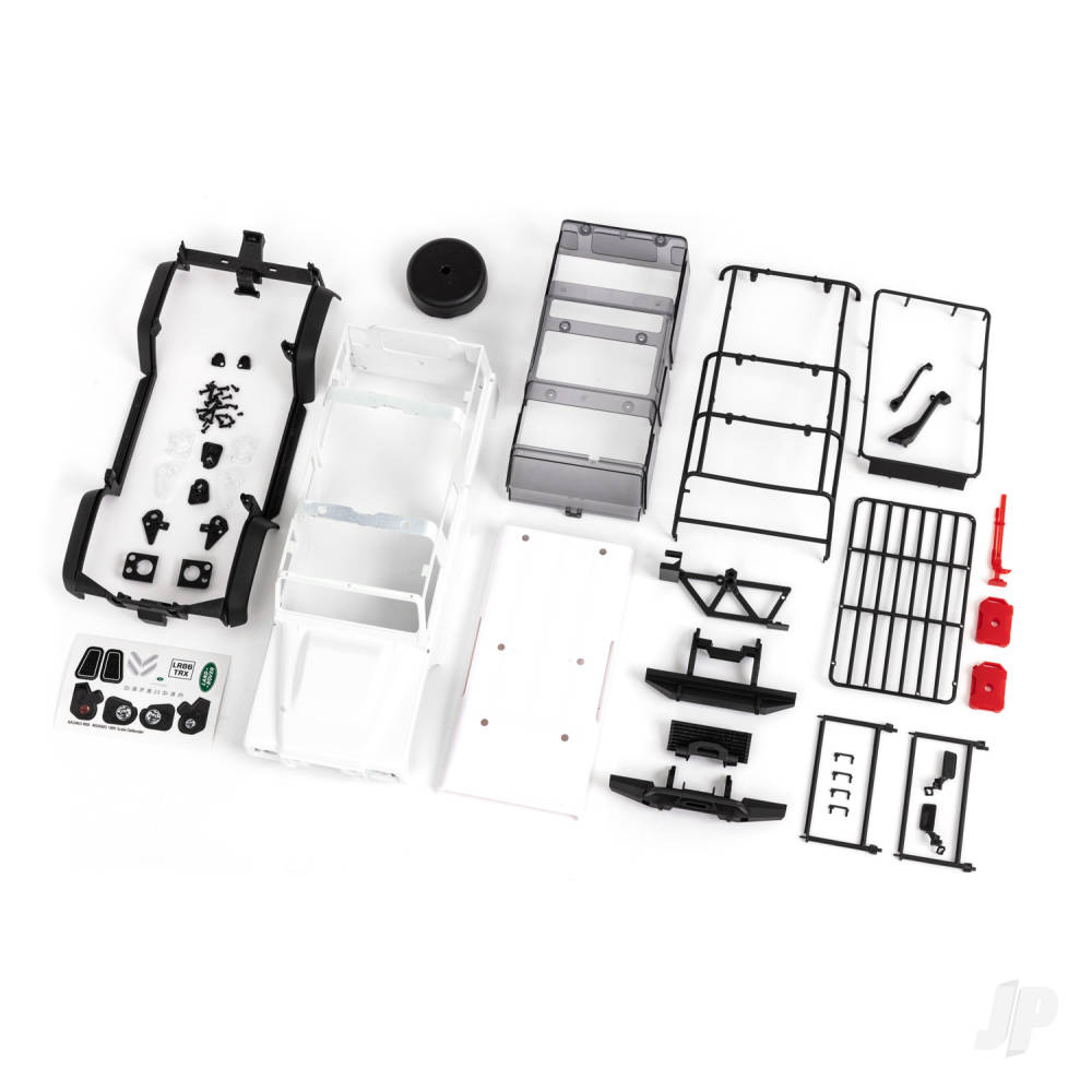 Body, Land Rover Defender, complete (white, requires painting) (includes grille, side mirrors, door handles, fender flares, fuel canisters, jack, spare Tyre mount, &amp; clipless mounting)